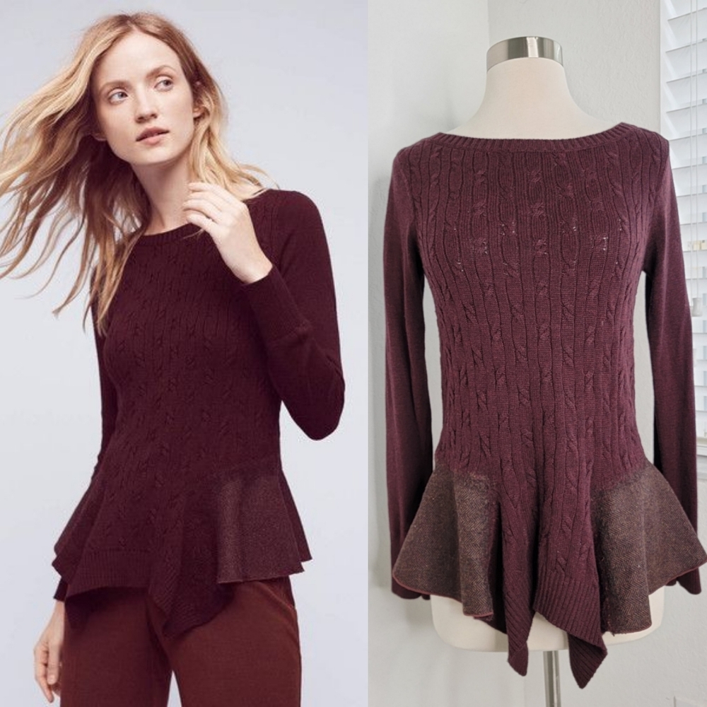 ANTHROPOLOGIE KNITTED & KNOTTED Audrey Wool Blend Peplum Burgundy Sweater XS.
